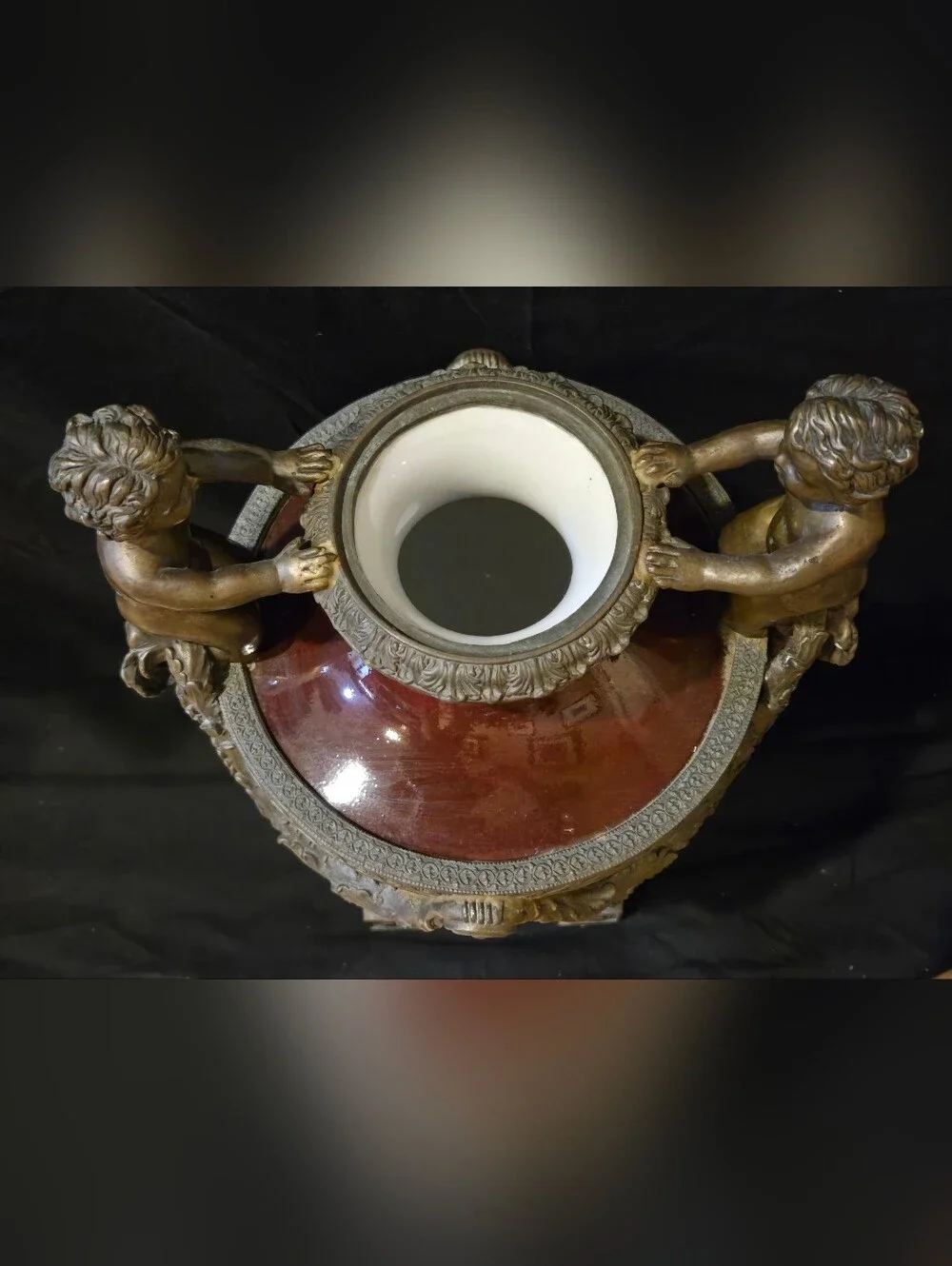 Antique Wong Lee 1895 Cherub Bronze & Burgundy Urn Vase